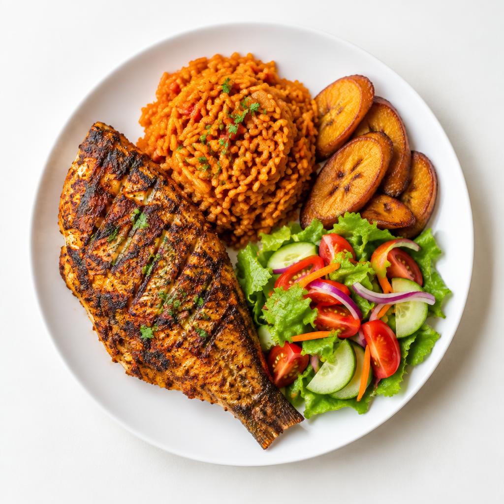 A balanced plate of fish, jollof rice and plantain